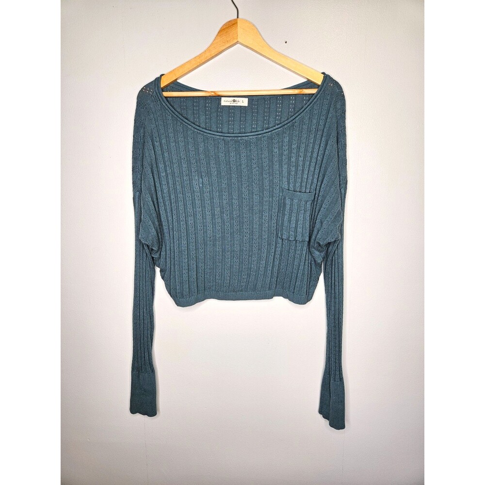 NATURAL LIFE Ribbed Crop Sweater Large Teal Long Sleeve Pocket Boho Top